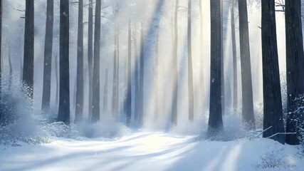 Snowy forest with soft light beams and animated falling snow, peaceful winter loop background - Powered by Adobe