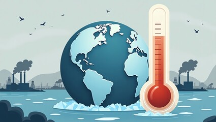Environmental crisis concept with Earth and a thermometer indicating global warming and melting polar ice due to pollution.