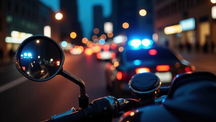 Espejo retrovisor de motocicleta que muestra luces policiales borrosas que persiguen a través del tráfico de la ciudad por la noche