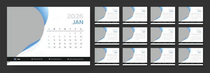 Calendar 2026 planner corporate template design set. Week starts on Sunday.