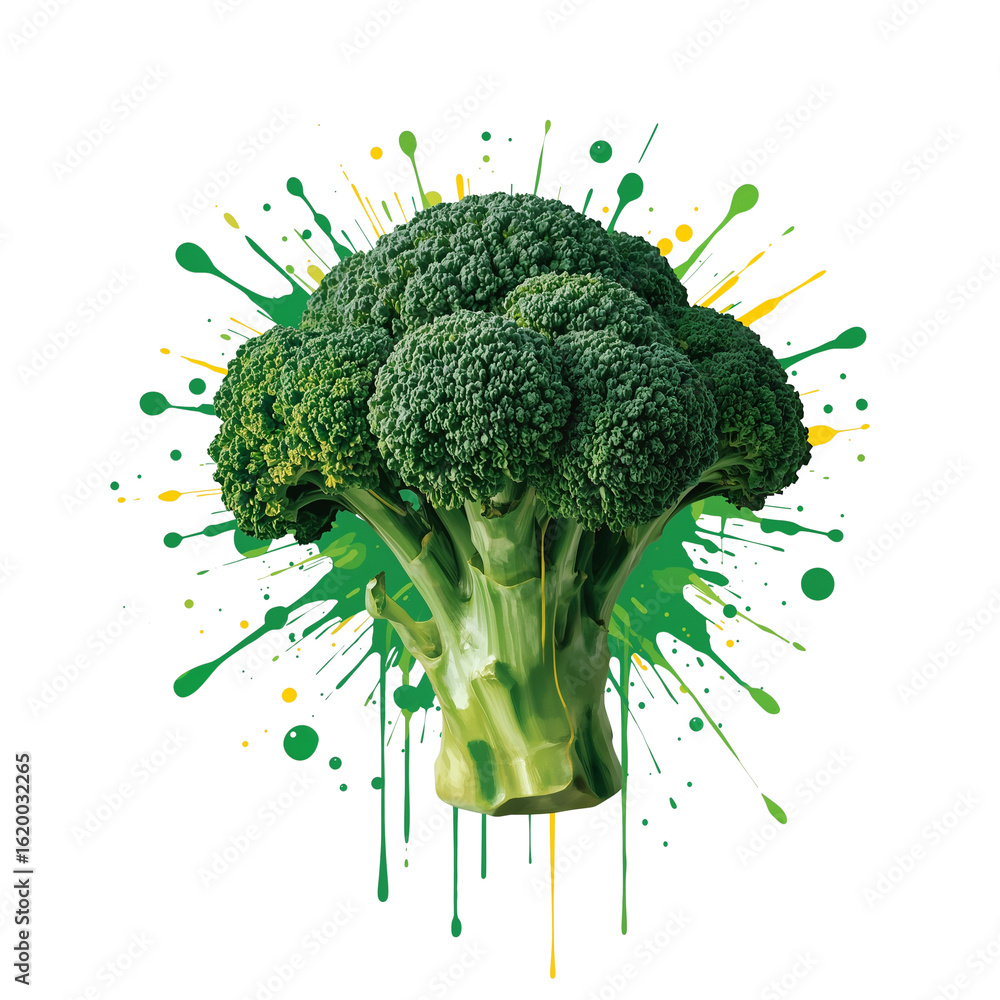 Poster vibrant broccoli floret displayed with dynamic green and yellow splatter effect on isolated field