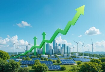 Gráfico con flechas verdes muestra una ciudad alimentada por redes solares y turbinas eólicas. Ilustración de la adopción de energías limpias