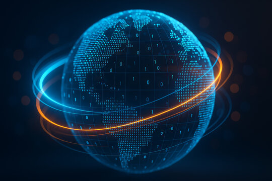Futuristic digital globe with binary code and glowing rings representing global connectivity and data transfer on a dark background