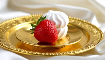 Delicate dessert of a strawberry and meringue on a gold plate