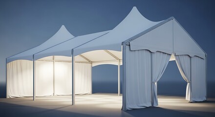 Elegant white event tent with graceful curtains set against a soft background