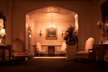 Luxury antechamber with elegant decor and soft lighting for welcoming guests.