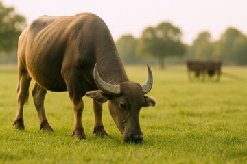 Obraz premium Serene Grazing Buffalo in Lush Green Pasture at Sunrise