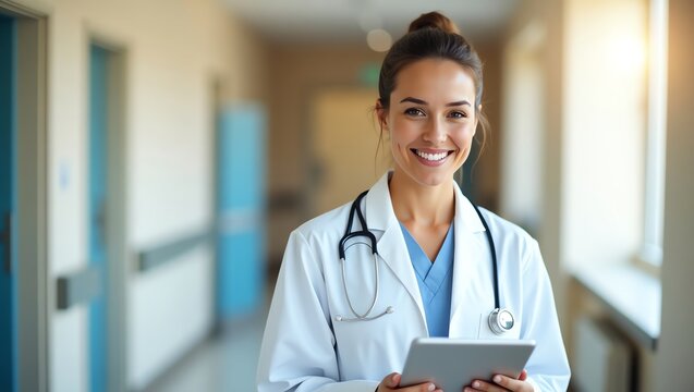 Portrait of a smiling female healthcare professional with a stethoscope using a digital tablet in a bright, modern hospital hallway - Powered by Adobe