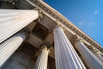 Courthouse, like a stern owl of justice, stands proud beneath a clear blue sky.