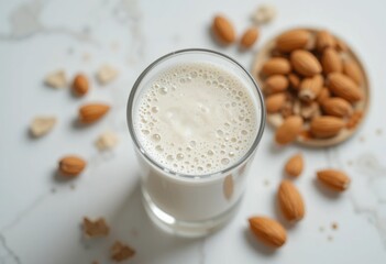 Vaso alto de leche de almendras con burbujas. Fotografía cenital minimalista sobre fondo blanco. Alternativa láctea ligera y saludable