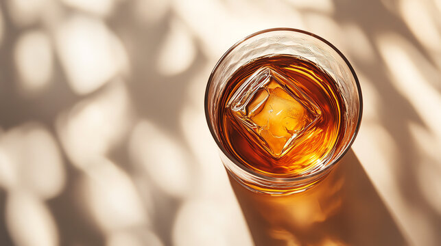 A close-up of a cocktail glass with an ice cube, reflecting light and creating a warm, inviting atmosphere. - Powered by Adobe