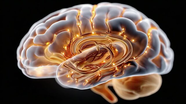 Illuminated Human Brain: An intricately detailed view of a human brain, highlighted with radiant light, revealing the complex networks and functions within.