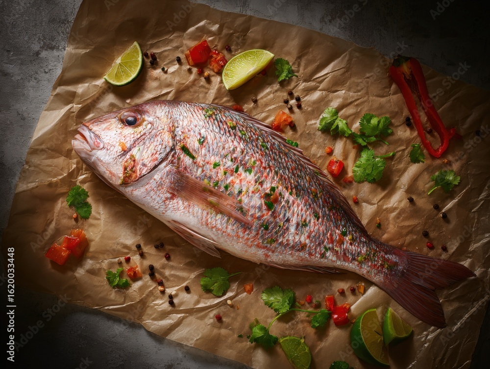 Aufkleber fresh red snapper on rustic background with lime and spices for culinary photography