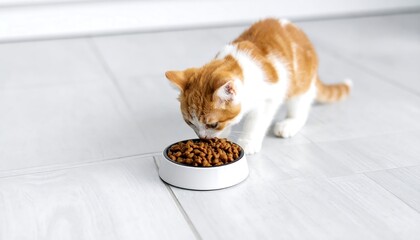 Ginger kitten eating from a white bowl