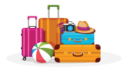 Illustration of stacked suitcases, a camera, a hat and a beach ball ready for a vacation trip