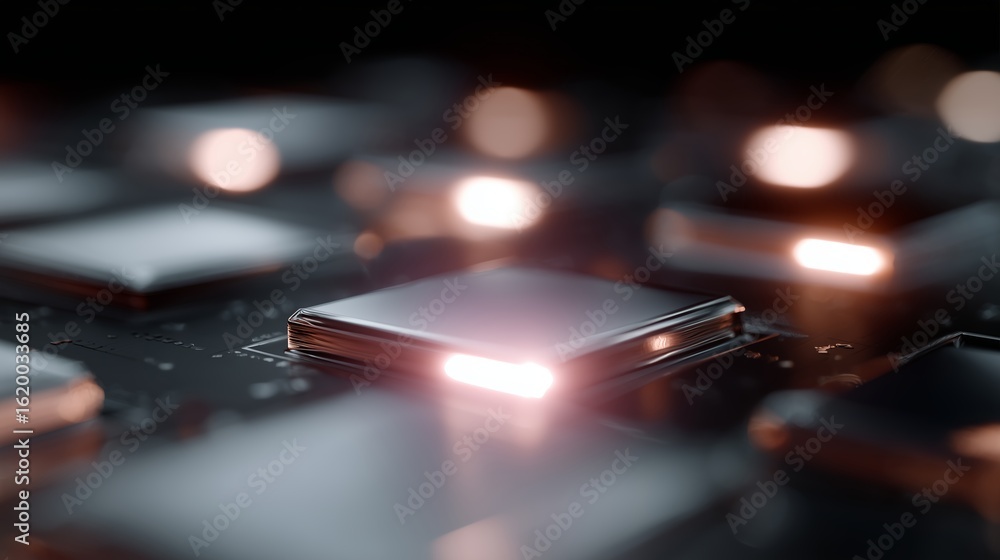Poster close-up view of illuminated circuit board components showcasing intricate technology and modern des