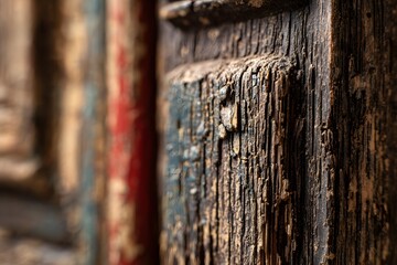 Weathered, detailed doorpost with peeling paint and rich wood textures, softly lit.