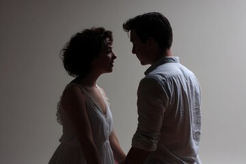 A tender, intimate encounter in a sleek, softly lit studio highlighting heartfelt connection.