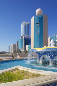 Contemporary architecture on Rashid Bin Saeed Al Maktoum Street, Abu Dhabi, United Arab Emirates, Middle East
