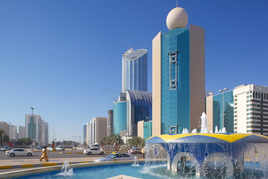 Contemporary architecture on Rashid Bin Saeed Al Maktoum Street, Abu Dhabi, United Arab Emirates, Middle East