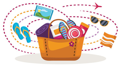 Illustration of a beach bag filled with vacation essentials and a dotted travel path around it