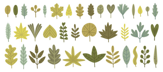 Big set of green leaves. Hand-drawn spring leaves collection. Cartoon illustrations in flat style. Vector design elements isolated on white background