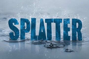 splatter in bold textured blue typography mimics water droplets on a reflective gray background with subtle water ripples minimalist design evokes a fresh rainy day