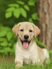 Adorable Labrador Puppy with Playful Expression in Lush Greenery | Perfect Stock Image for Pet Lovers