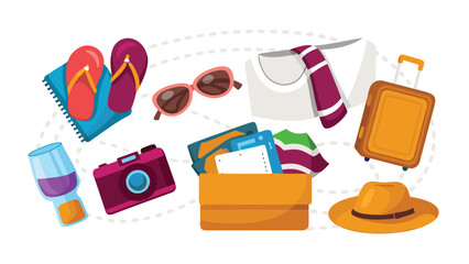 Illustration of vacation items including suitcase clothes camera and beach accessories scattered around
