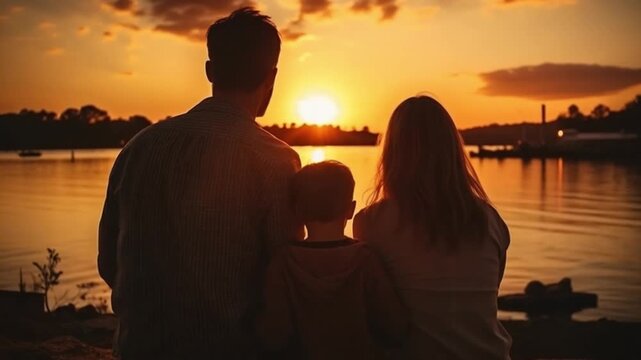 A family of three sits together on the shore, watching the vibrant sunset over the water, creating a serene and reflective atmosphere filled with warmth and togetherness