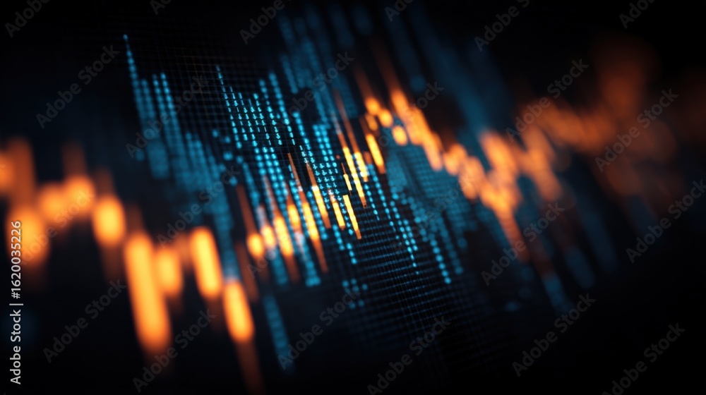 Poster dynamic abstract visualization of data waves in vibrant blue and orange tones