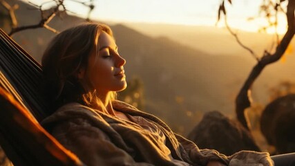 A woman sits comfortably in a hammock, soaking in the warm hues of the sunset while surrounded by nature. The serene setting promotes relaxation and peace