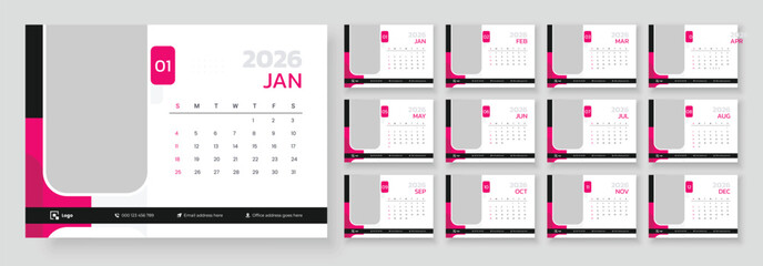 Desk Calendar Template 2026, New Year 2026 table calendar design, Minimalist desk calendar 2026 template. Week start on Sunday.