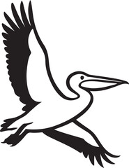 Pelican in flight wings extended vector, Flying bird silhouette black and white