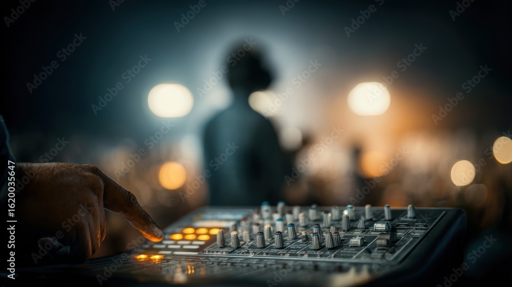 Poster dynamic sound control: engaging image of a dj mixing console in action