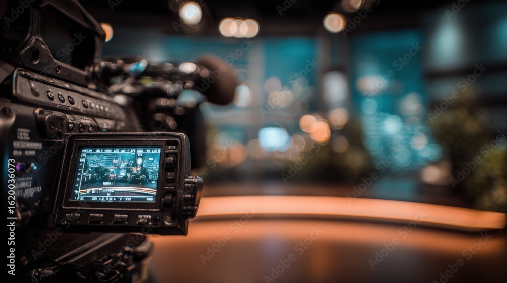 Poster high-quality broadcast camera in a modern studio setting with professional lighting