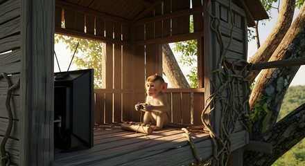 Cute funny baby monkey playing video games
