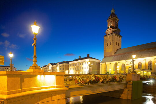 Bridge and church at night, Gothenburg, Sweden, Scandinavia 