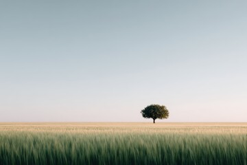 Solitary tree stands in vast green field under clear blue sky, creating a serene and tranquil landscape with open space for text