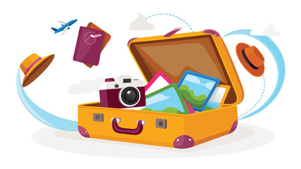 Open suitcase with camera, photos, passports, airplane, and hats floating around for travel theme