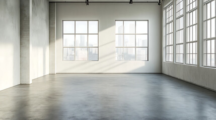 Interior of a bright room with large windows and a concrete floor casting shadows on the walls