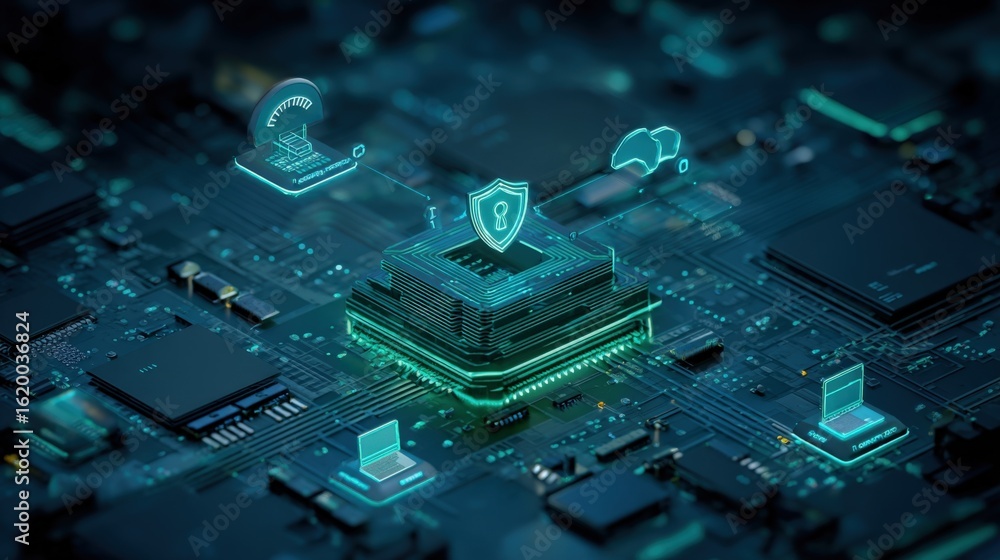 Poster futuristic cybersecurity concept on a digital circuit board with neon graphics