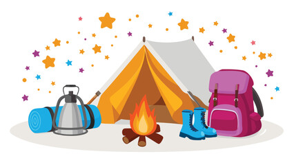 Illustration of camping equipment with a tent, backpack, campfire, and other camping gear items