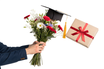 Hand holding a beautiful bouquet of flowers with graduation cap and gift box celebrating academic achievement and success, PNG, isolated on transparent background.