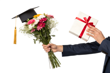 Navy blue suit presenting graduation flowers and a gift against a clean background, PNG, isolated on transparent background.