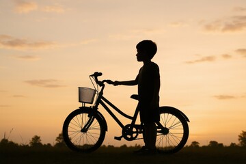 Fototapeta premium Silhouette of a Child with Bicycle Against a Sunset Sky: Capturing Innocence and Adventure