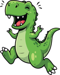 Naklejka premium A cartoon green dinosaur happily jumping and laughing out