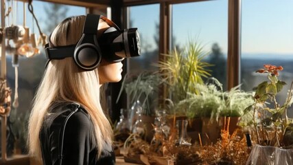 A woman engages with virtual reality gear while seated at a wooden table surrounded by plants and glass decor; bright sunlight streams through large windows - Powered by Adobe