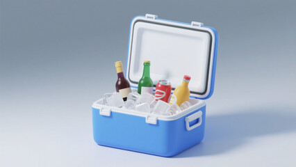 Blue Cooler with Open Lid Revealing Colorful Beverage Bottles Cooled by Ice on Light Background: Highlighting Portability and Refreshing Theme in Clean Composition