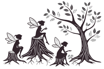 Magical woodland scene with three whimsical fairy silhouettes resting on tree stumps. A black and white vector graphic of fantasy creatures in a forest.